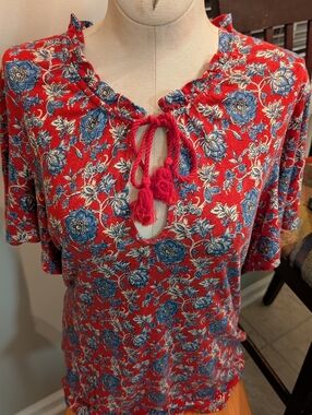 Lauren Ralph Lauren Floral Blouse Size L Red Blue Boho Tie Neck